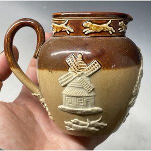 3 1/2" Antique Doulton Lambeth Pitcher Syrup Brown Tan Stoneware Pottery Ceramic